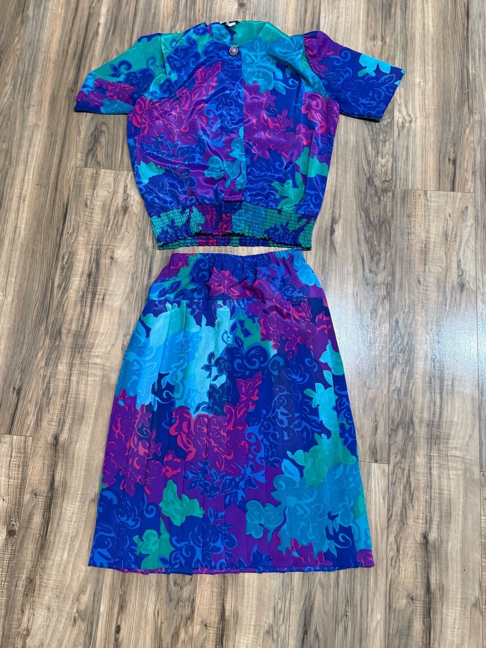 Vibrant Vintage Blue Floral Two-Piece Dress Set